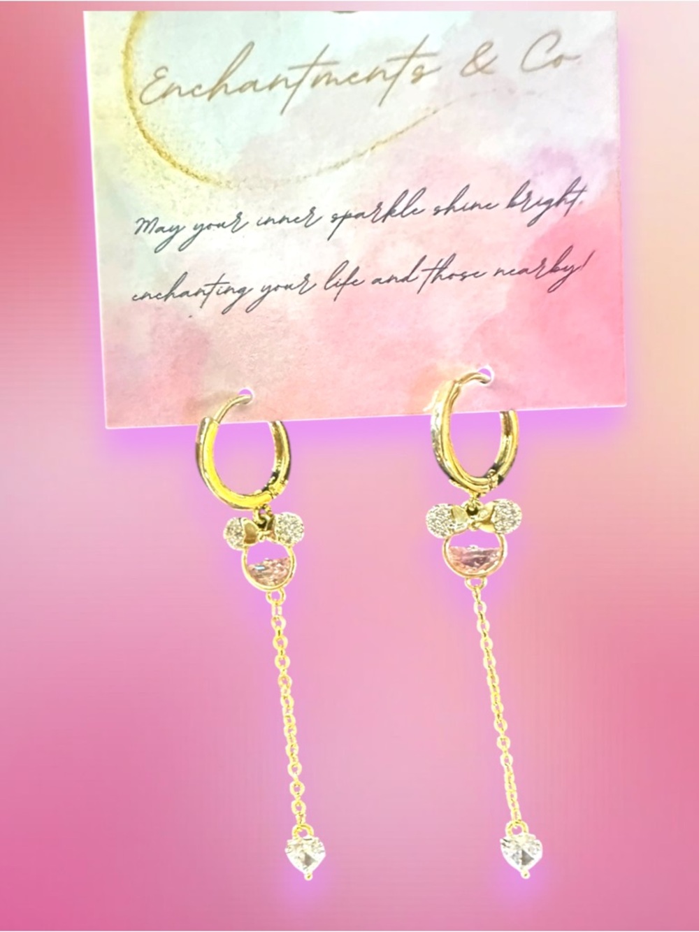 Gold-tone Pink Crystal Minnie Drop Hoop Earrings